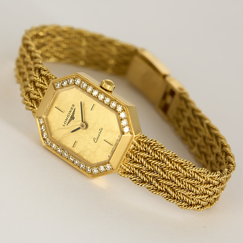 Longines - Yellow gold and diamond watch with octagonal case and quartz movement