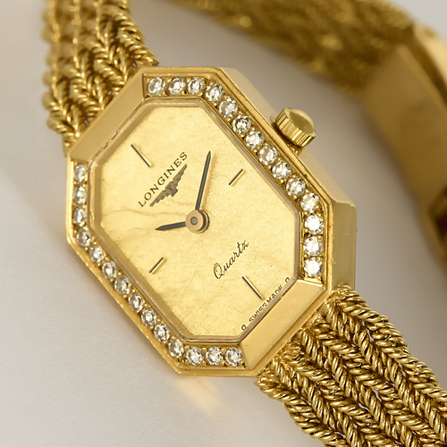 Longines - Yellow gold and diamond watch with octagonal case and quartz movement