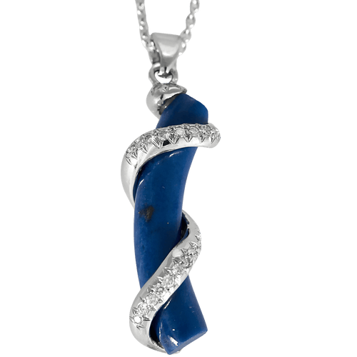 Chain and Pendant in white gold, lapis lazuli, and small diamonds.
