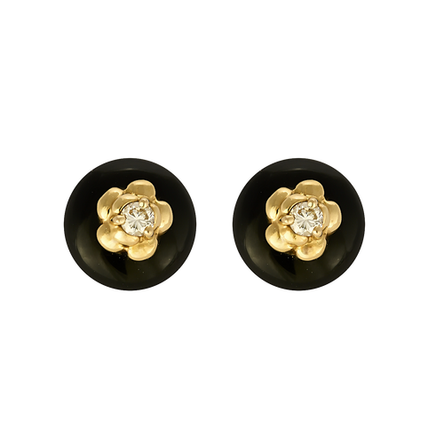 Chanel - Camélia - Pair of yellow gold, onyx and diamond earrings. Vintage.