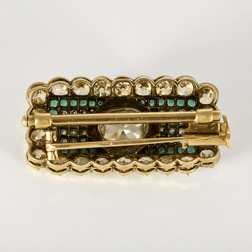 Yellow gold brooch, old-cut diamonds, tourmaline