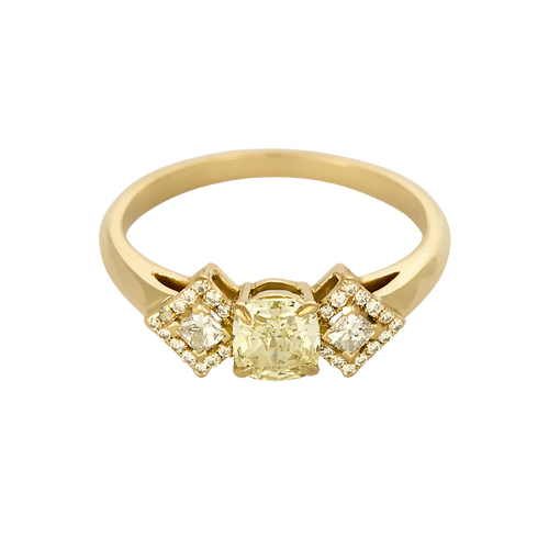 Anillo tipo diamante solitario en oro amarillo, diamante natural fancy yellow de 0.79 quilates y pequeños diamantes blancos