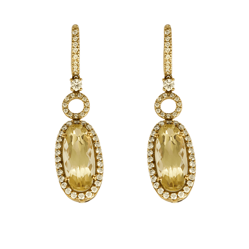 Pair of Earrings in yellow gold, lemon quartz and diamonds