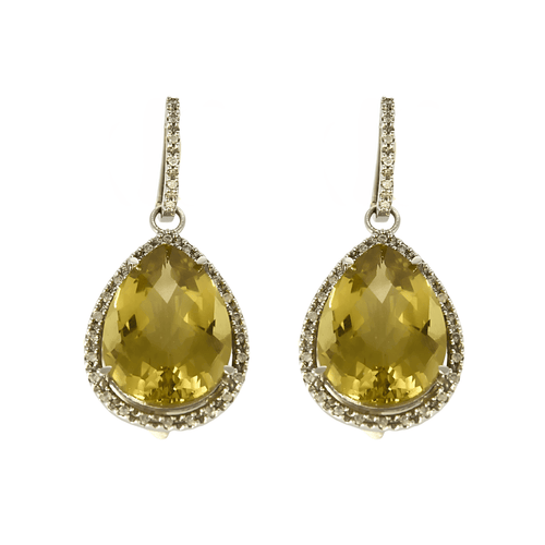 Pair of earrings in white gold, lemon quartz and diamonds