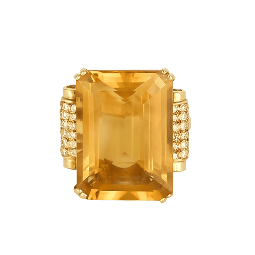 Elegantní koktejlový prsten ze žlutého zlata, citrín, diamanty