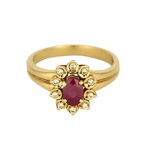 Ring Daisy in yellow gold, ruby: 0.50 carat and diamonds: 0.10 carat