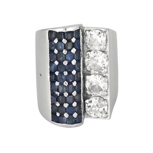 Sculpturale Bague Art Déco en platine, diamants 2 cts et saphirs.