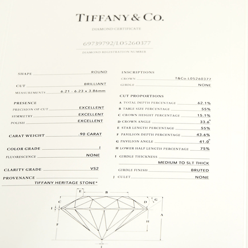 TIFFANY - Ring Solitaire in platinum and 0.90 carat diamond