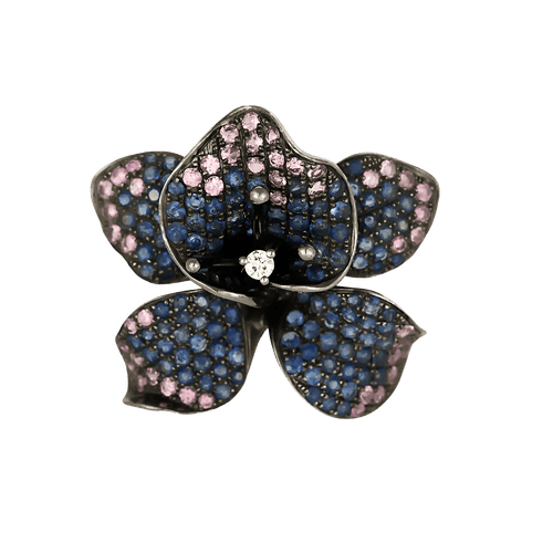 Inel elegant din aur alb de 18K (750 miimi) cu motiv de orhidee, safire și diamante
