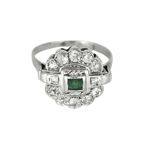 Elegantní prsten z bílého zlata, diamantů a smaragdu