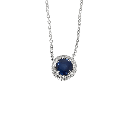 Delicado colar em ouro branco, safira e diamantes