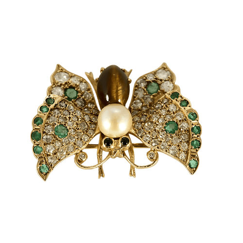 Schmetterlingsbrosche aus 14K Gelbgold, Diamanten, Smaragden, Zuchtperlen und Quarz