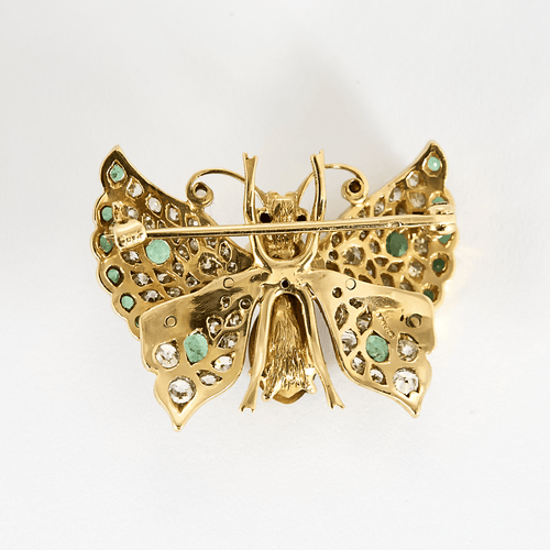 Schmetterlingsbrosche aus 14K Gelbgold, Diamanten, Smaragden, Zuchtperlen und Quarz