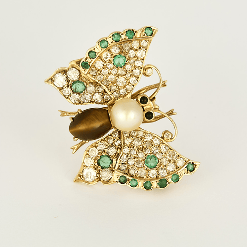 Schmetterlingsbrosche aus 14K Gelbgold, Diamanten, Smaragden, Zuchtperlen und Quarz