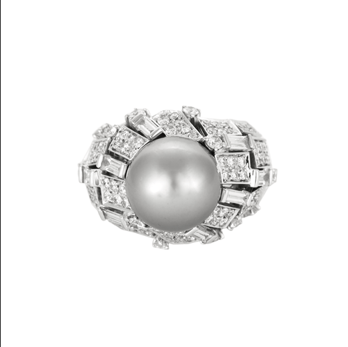MIKIMOTO - Коктейлен пръстен от бяло злато, култивирана перла от Таити, диаманти