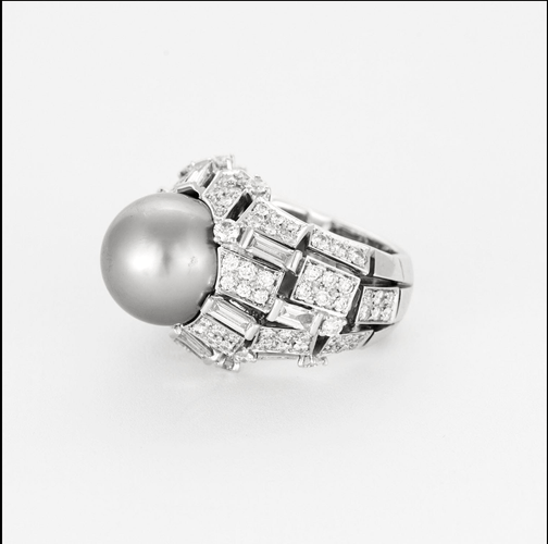 MIKIMOTO - Коктейлен пръстен от бяло злато, култивирана перла от Таити, диаманти