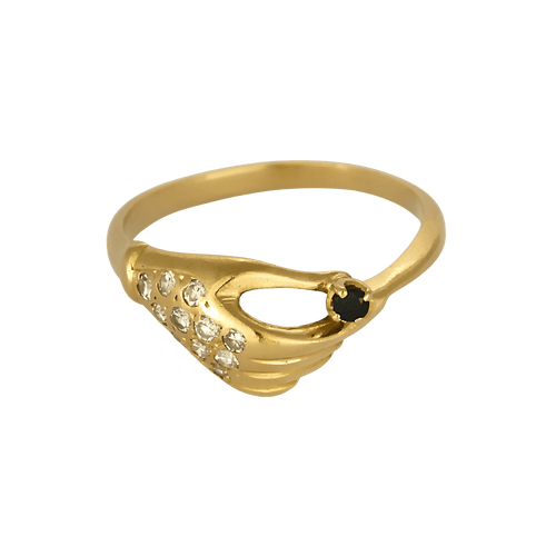 Anello in oro giallo con motivo di mano stilizzata, zaffiro e diamanti: 0,10 carati