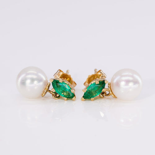 Boucles d'oreilles Boucles d'oreilles - Émeraudes et perles Akoya en or jaune 14 kt 58 Facettes E008