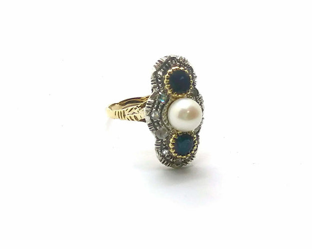 Bague Bague en or jaune 18 ct et argent avec perle, saphirs et diamants 58 Facettes 6491