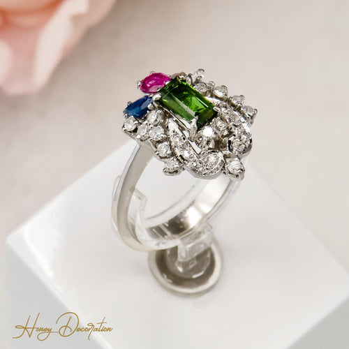 Inel 53 Inel antic din aur alb 585 cu diamante, safire, turmalină și peridot 58 Facettes 2516