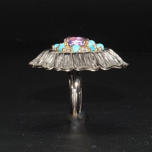 Bague 60 Bague nénuphar en or blanc 18 carats, améthyste, turquoises et diamants 58 Facettes 20762