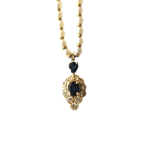 Collier Collier perles de culture et or jaune saphirs et diamants 58 Facettes