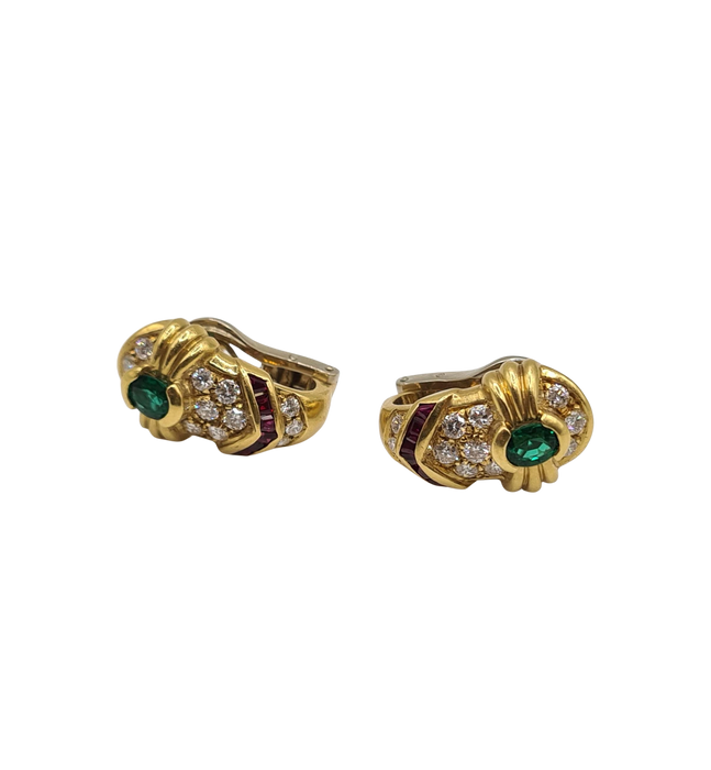 Yellow gold earrings set with diamonds, emeralds and rubies