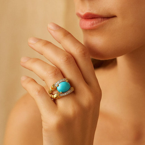 Bague 44 Bague cocktail 1950 en or jaune avec pierre bleue et diamants 58 Facettes OC-61H00027