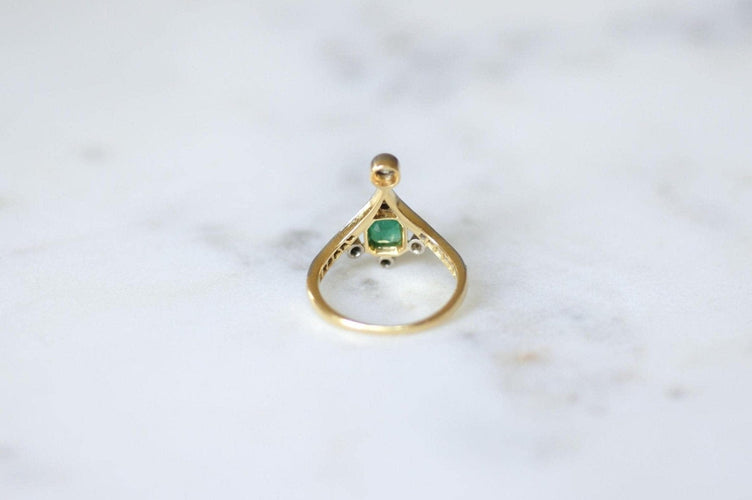 Ring 54 Förlovningsring aigrette i 18kt gult guld och Platina, smaragd och diamanter 58 Facettes