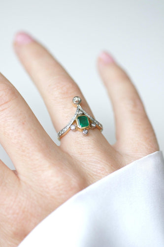 Ring 54 Förlovningsring aigrette i 18kt gult guld och Platina, smaragd och diamanter 58 Facettes
