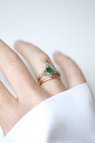 Ring 54 Förlovningsring aigrette i 18kt gult guld och Platina, smaragd och diamanter 58 Facettes