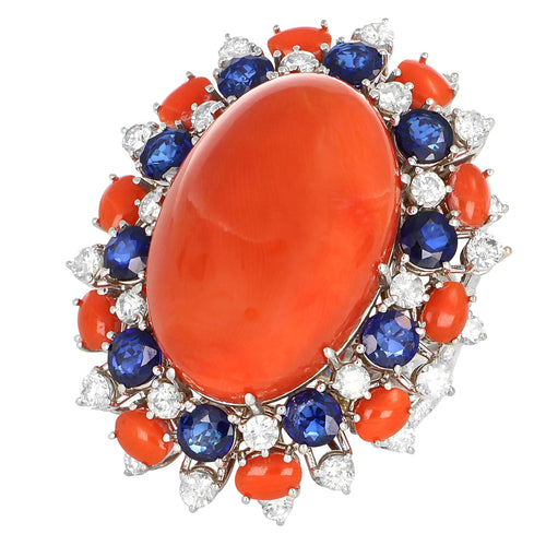 Bague 55 Bague en or gris 18 carats avec corail, saphir et diamants 58 Facettes 61E00408