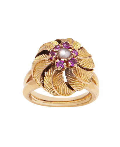 Bague 52 Palmier Fleuri - Bague Art nouveau en or jaune rubis, saphirs roses et perle 58 Facettes BO210508/PALMIERFLEURI