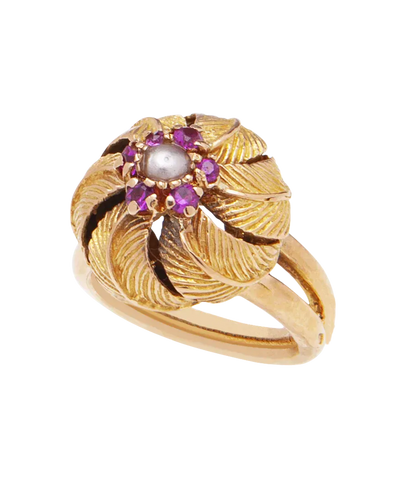 Bague 52 Palmier Fleuri - Bague Art nouveau en or jaune rubis, saphirs roses et perle 58 Facettes BO210508/PALMIERFLEURI