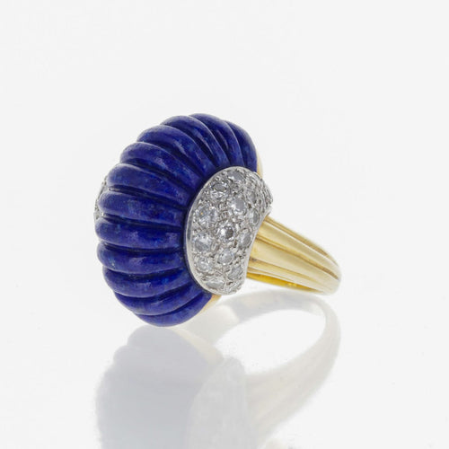 Bague 51 Bague cabochon lapis-lazuli godronnée en or 18 carats et diamants 58 Facettes 2.17133