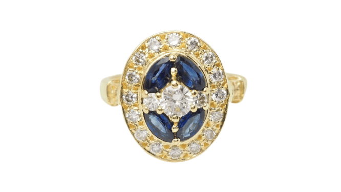 Bague 56 Bague ovale en or jaune 18 ct, saphirs navette et diamants 58 Facettes 32709