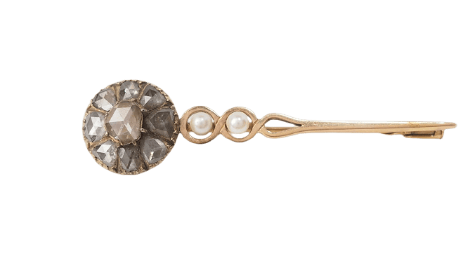 Broche Broche barrette ancienne en or jaune 18 ct, diamants et perles de culture 58 Facettes 32320