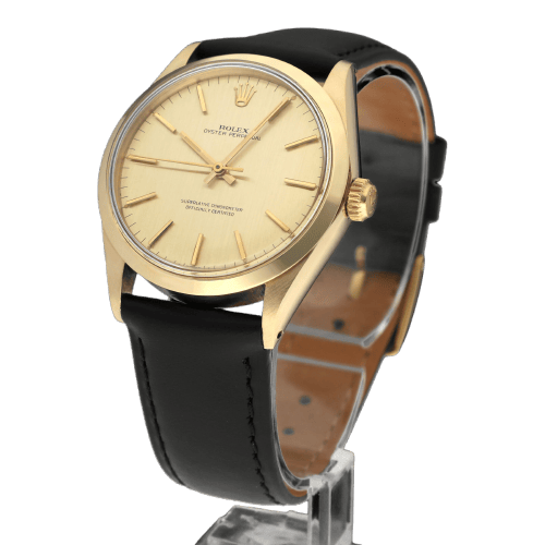 Rolex Oyster Perpetual 34 Uhr Ref. 1002 - Uhr aus Gelbgold, gebürstetes Goldzifferblatt 58 Facettes ROL/OOP/187