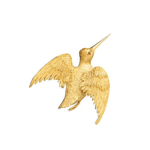 Broche Broche bécasse en vol en or jaune 750 et pierre rouge orangée 58 Facettes