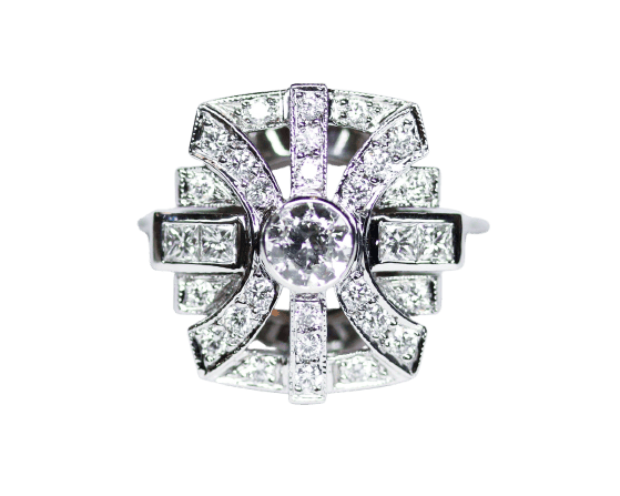 Ring 54 Ring Art Deco rechteckig durchbrochen aus Weißgold 750 und Diamanten 58 Facettes F2194 - C2139