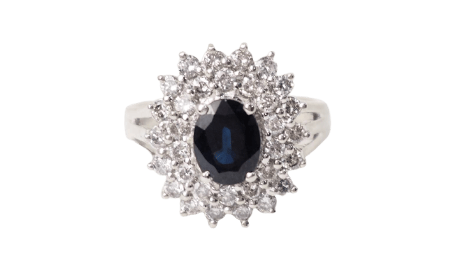 Bague 54 Bague entourage en or blanc 18 ct, saphir ovale et diamants 58 Facettes 32968