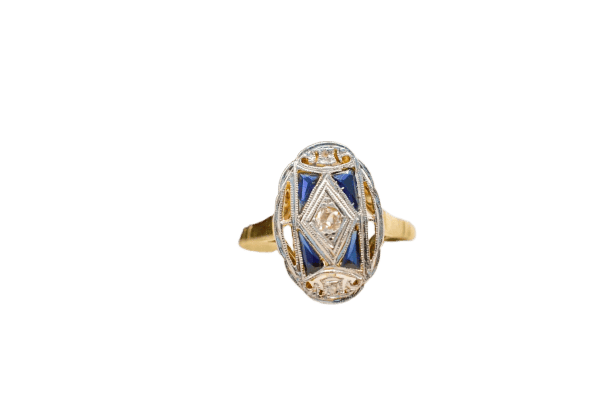 Prsten 53 Prsten Art Deco ze žlutého a bílého 18k zlata, diamanty a syntetické safíry 58 Facettes 3792