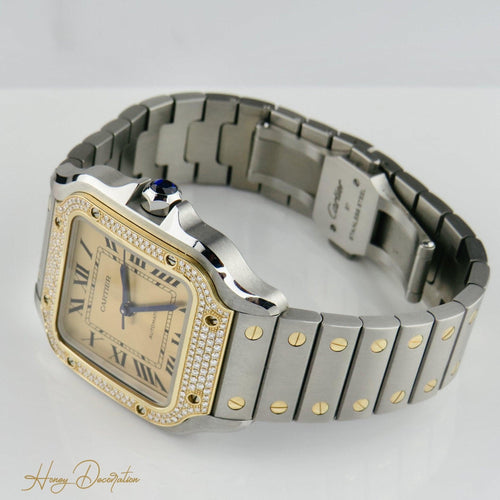 Cartier Santos Saat - 18K sarı altın ve çelikten unisex saat, pırlantalar 58 Facettes 2504