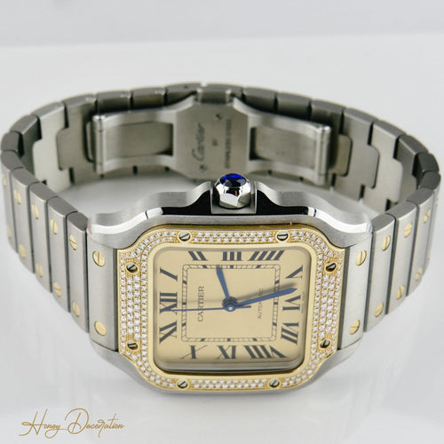 Cartier Santos Saat - 18K sarı altın ve çelikten unisex saat, pırlantalar 58 Facettes 2504