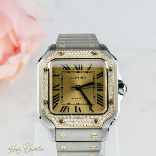 Cartier Santos Saat - 18K sarı altın ve çelikten unisex saat, pırlantalar 58 Facettes 2504