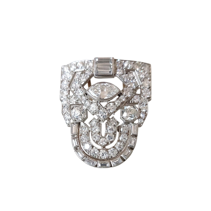 Art deco clipbroche, platina en diamanten, circa 1925, Frans