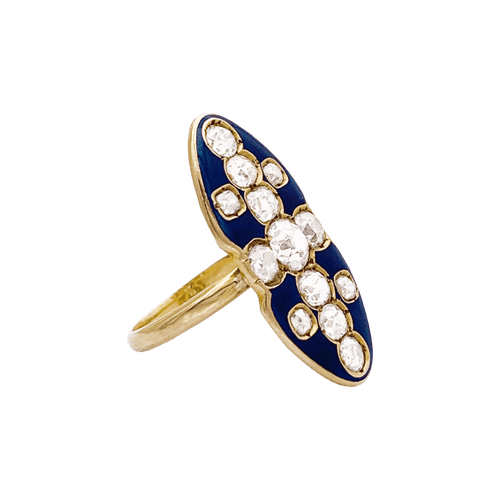 Bague 57 Bague marquise en or jaune 750, diamants taille ancienne et émail bleu 58 Facettes 34675