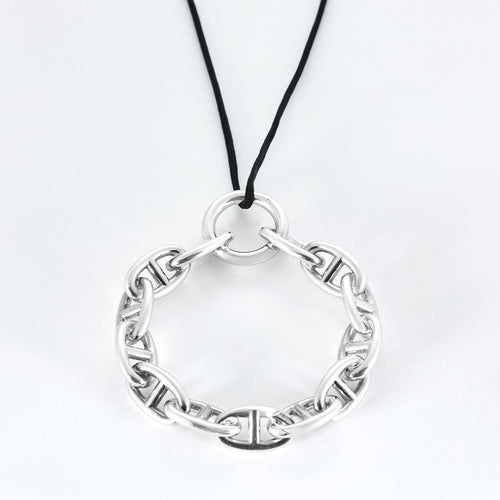 Hermès - Chaîne d'ancre - Colgante redondo en plata y cordón de algodón negro 