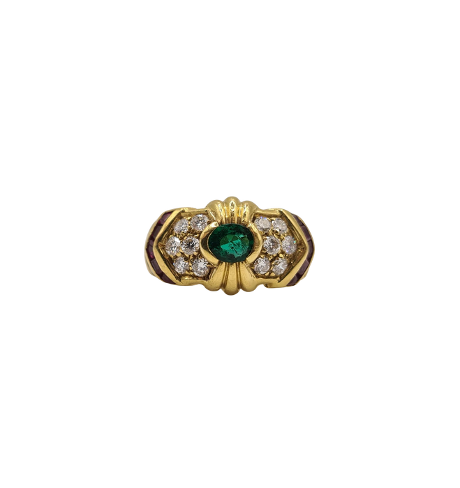 Yellow gold ring set with emerald, diamonds and rubies