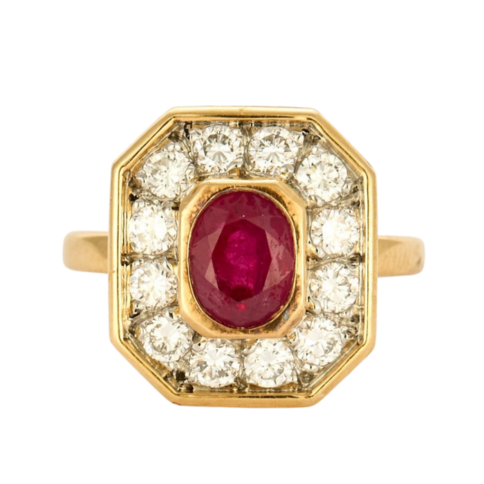 Ring in platinum, yellow gold, rubies and diamonds